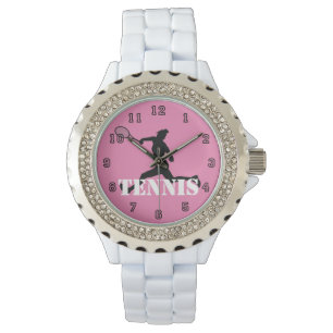 Tennis Player Girl Silhouette Pink, zwart, wit Horloge