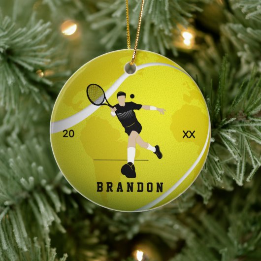 Tennis Player Silhouette Name & Year Earth Ball Keramisch Ornament (Boom)