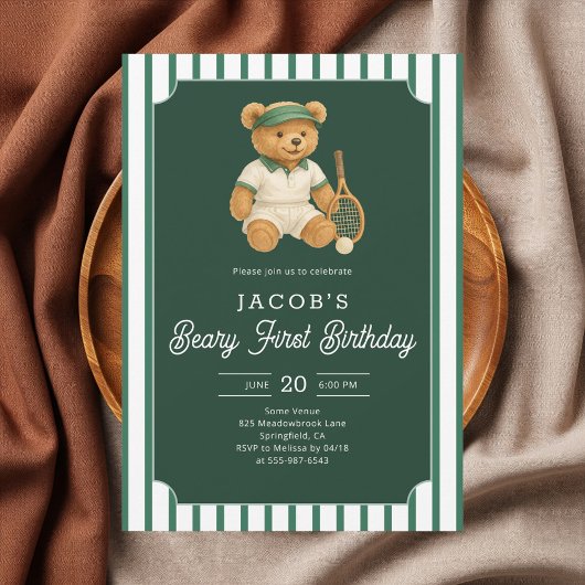 Tennis Preppy Bear 1st Birthday Invitation Kaart