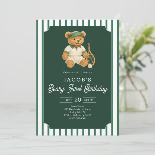 Tennis Preppy Bear 1st Birthday Invitation Kaart (Staand voorkant)