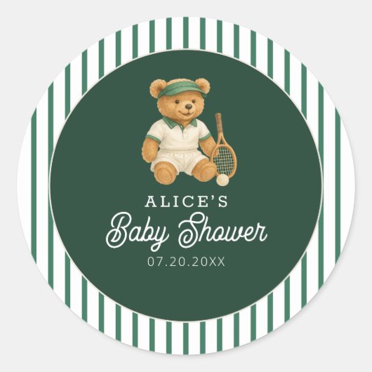 Tennis Preppy Bear Baby Shower Ronde Sticker (Voorkant)