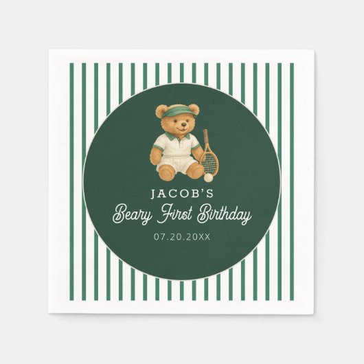 Tennis Preppy Bear Green 1st Birthday Servet (Voorkant)