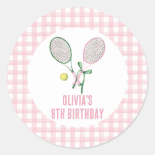Tennis preppy geruite verjaardagsuitnodiging ronde sticker