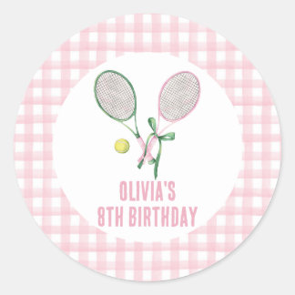Tennis preppy geruite verjaardagsuitnodiging ronde sticker