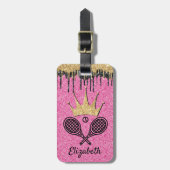 Tennis Queen Pink Glitter Sparkle Monogramme Name Bagagelabel (Voorkant verticaal)