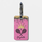 Tennis Queen Pink Glitter Sparkle Monogramme Name Bagagelabel (Achterkant verticaal)