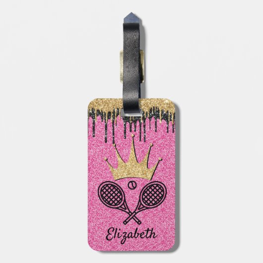Tennis Queen Pink Glitter Sparkle Monogramme Name Bagagelabel (Achterkant verticaal)