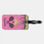 Tennis Queen Pink Glitter Sparkle Monogramme Name Bagagelabel (Achterkant horizontaal)