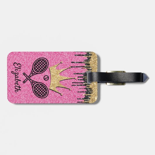 Tennis Queen Pink Glitter Sparkle Monogramme Name Bagagelabel (Achterkant horizontaal)