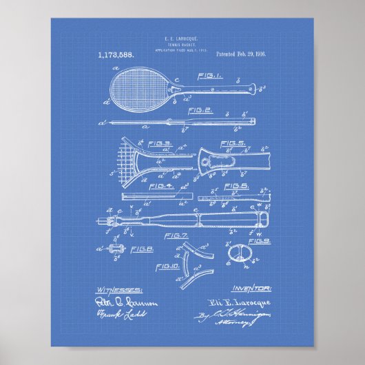 Tennis Racket 1916 Patent Art - Blauwdruk Poster (Voorkant)