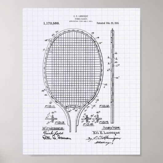 Tennis racket 1916 Patent Art - Lined Peper Poster (Voorkant)