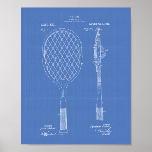 Tennis Racket 1921 Patent Art Blueprint Poster (Voorkant)
