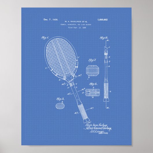Tennis Racket 1925 Patent Art Blueprint Poster (Voorkant)