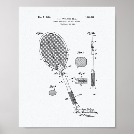 Tennis Racket 1925 Whitepaper over patentkunst Poster (Voorkant)