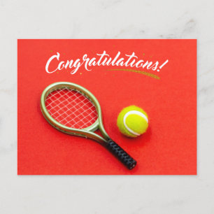 Tennis racket and ball felicitaties met rood briefkaart