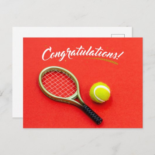 Tennis racket and ball felicitaties met rood briefkaart (Voorkant / Achterkant)