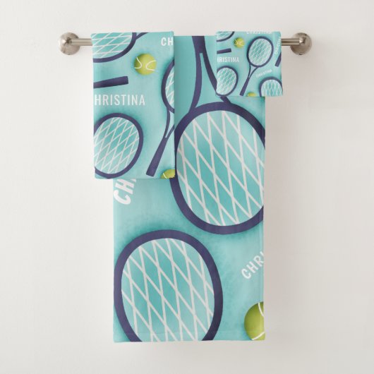 Tennis Racket Ball & Kinder Girls Name Pattern Blu Bad Handdoek (Insitu)