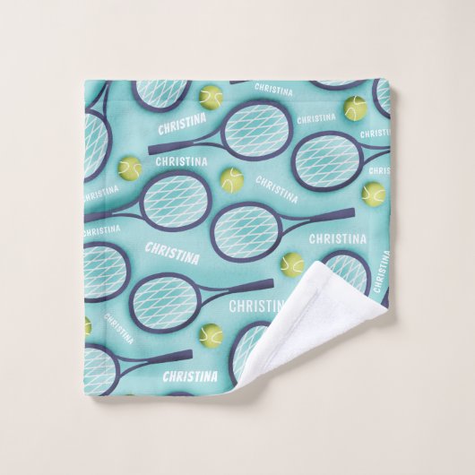 Tennis Racket Ball & Kinder Girls Name Pattern Blu Bad Handdoek (Wasdoekje)