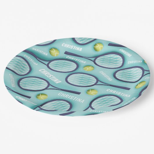 Tennis Racket Ball & Kinder Girls Name Pattern Blu Papieren Bordje (Gekanteld)