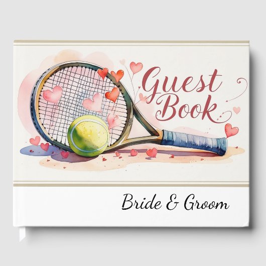 Tennis racket en bal met hart bruiloft thema gastenboek (Voorkant)