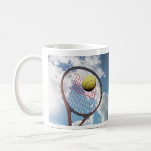 Tennis Racket en Ball in the Air, Blue Cloudy Sky Koffiemok (Links)