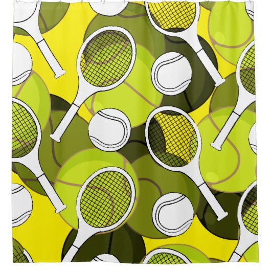 Tennis racket en zwarte kogelinkt op geel  douchegordijn (Voorkant)