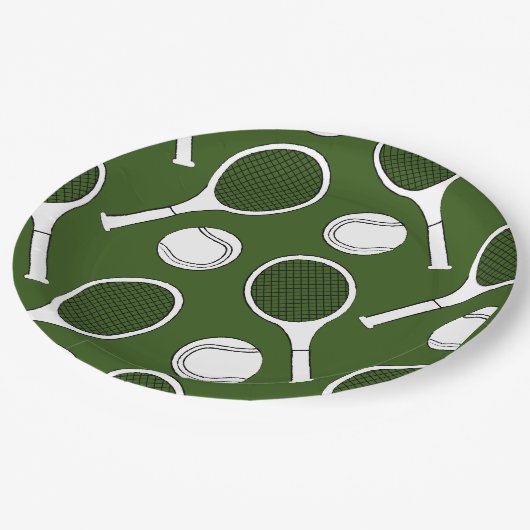 Tennis racket en zwarte kogelinkt op groen  papieren bordje (Gekanteld)