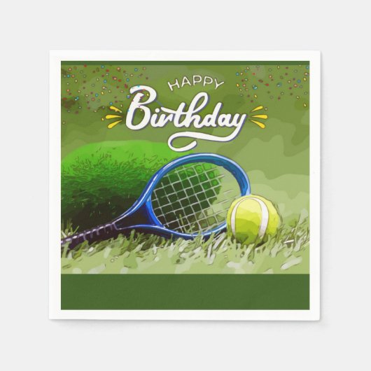 Tennis racket met bal Happy Birthday Servet (Voorkant)