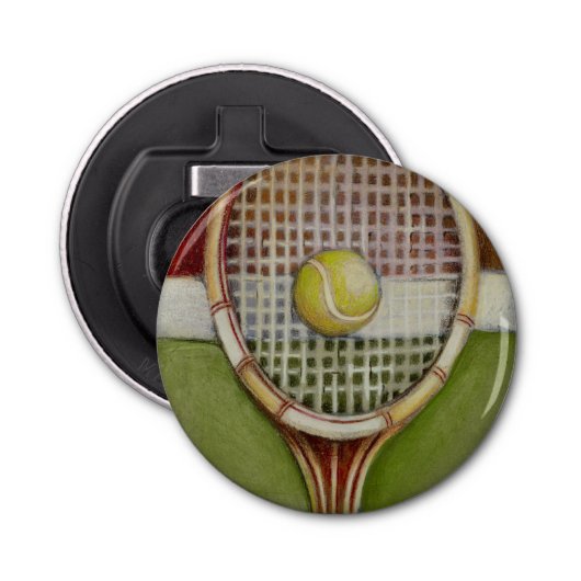 Tennis Racket met Ball Laying over Court Button Flesopener (Voorkant)