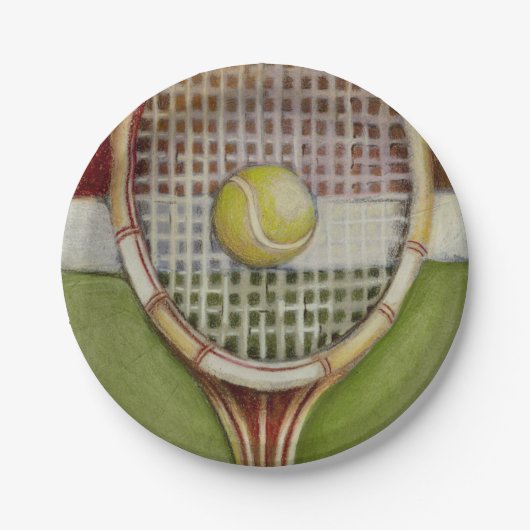 Tennis Racket met Ball Laying over Court Papieren Bordje (Voorkant)