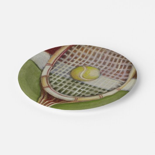 Tennis Racket met Ball Laying over Court Papieren Bordje (Gekanteld)
