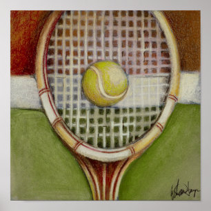 Tennis Racket met Ball Laying over Court Poster