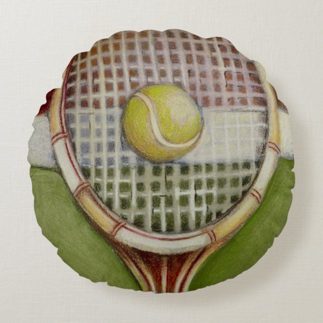 Tennis Racket met Ball Laying over Court Rond Kussen (Voorkant)