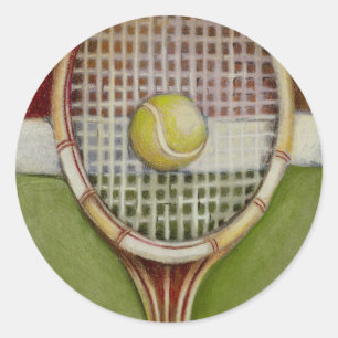 Tennis Racket met Ball Laying over Court Ronde Sticker