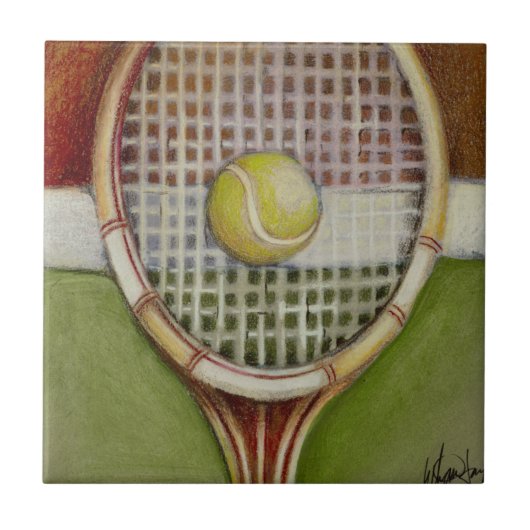 Tennis Racket met Ball Laying over Court Tegeltje (Voorkant)