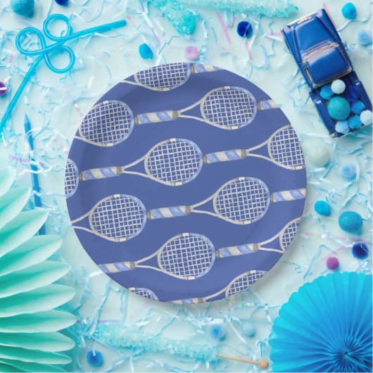 Tennis racket op blauwe achtergrond papieren bordje (Feest)