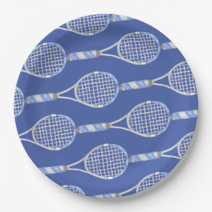 Tennis racket op blauwe achtergrond papieren bordje