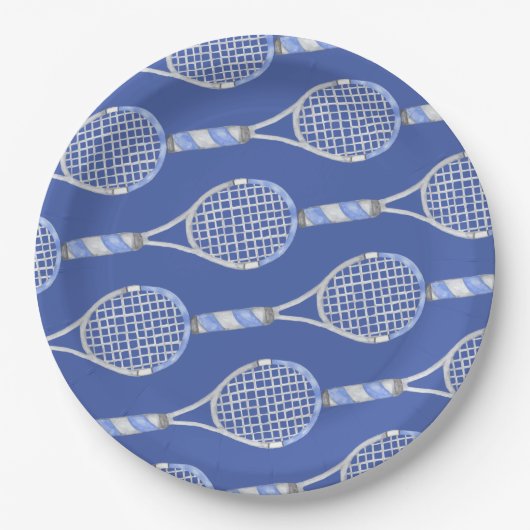 Tennis racket op blauwe achtergrond papieren bordje (Voorkant)