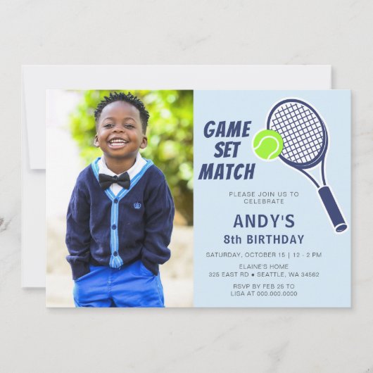 Tennis Racquet Blue Boys Foto Verjaardag Kaart (Voorkant)