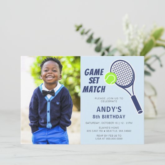 Tennis Racquet Blue Boys Foto Verjaardag Kaart (Staand voorkant)