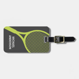 Tennis racquet gepersonaliseerde naam groen en gri bagagelabel