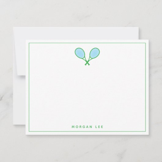 Tennis Racquets Green Blue Custom Name Note Card (Voorkant)