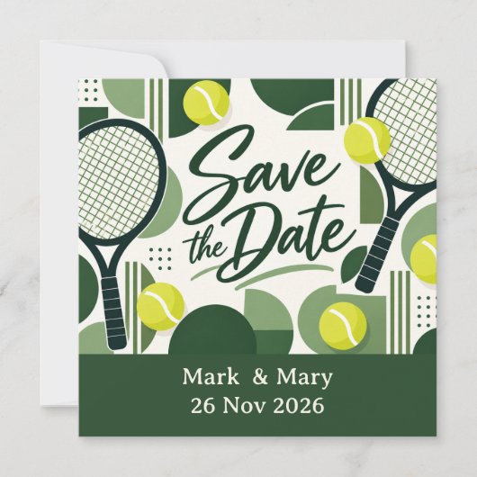 Tennis Save the Date Racket en Bal Design (Voorkant)