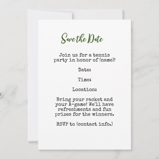 Tennis Save the Date uitnodigingskaart Kaart (Achterkant)