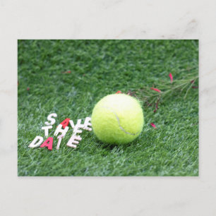 Tennis Save the Date with tennis ball on green Aankondigingskaart