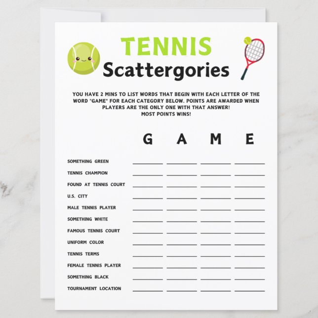 Tennis Scattergories spel (Voorkant)