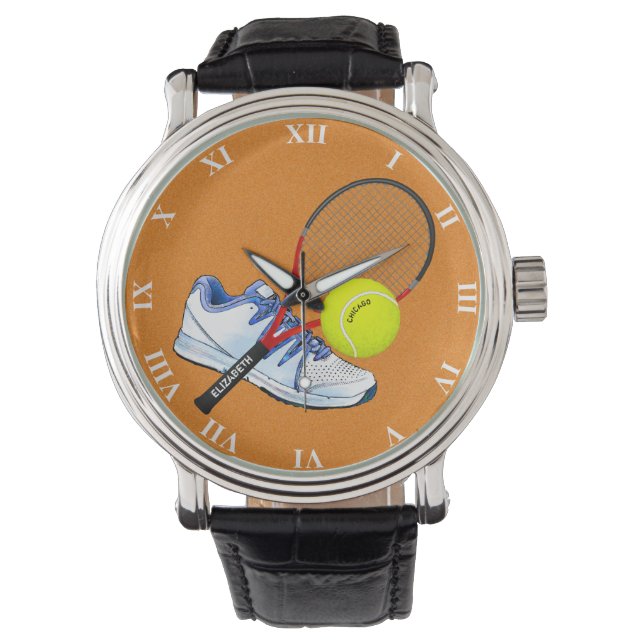 Tennis-schoenknop en -rack met aangepaste tekst horloge (Voorkant)
