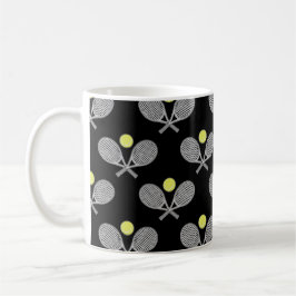 Tennis Seamless Pattern - Racket and Ball on Black Koffiemok