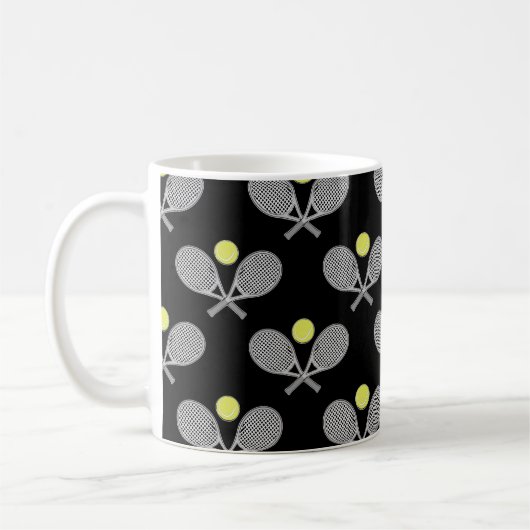 Tennis Seamless Pattern - Racket and Ball on Black Koffiemok (Links)