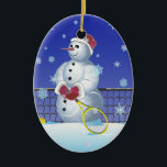 Tennis Snowman Prettige feestdagen Keramisch Ornament<br><div class="desc">Afbeelding van Snowman met tennisracket en tennisbal</div>